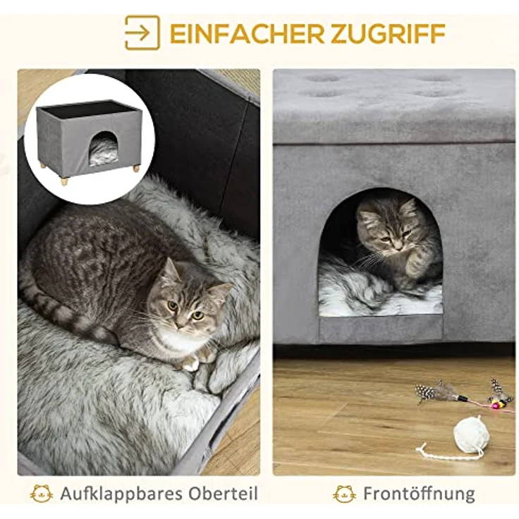 PawHut 2-IN-1 Katzenhaus Fußhocker mit Kissen, graue Katzenhöhle aus Holz, 60 x 45 x 44,5 cm – Bild 4