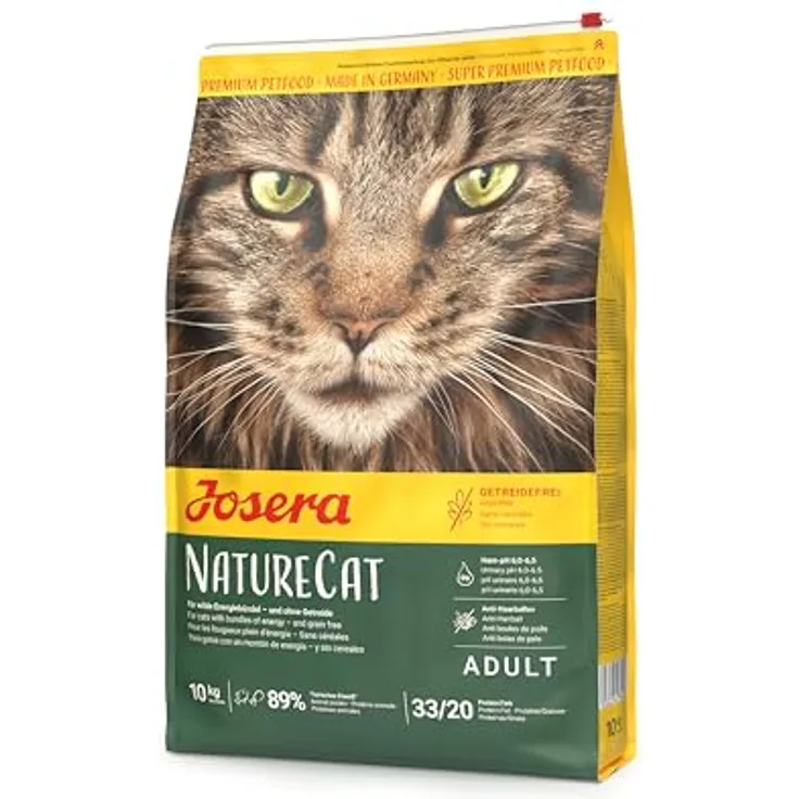 JOSERA NatureCat Adult Trockenfutter, getreidefrei, mit Lachs & Geflügel, 10 kg, Premium Katzenfutter mit Kräutern & Früchten