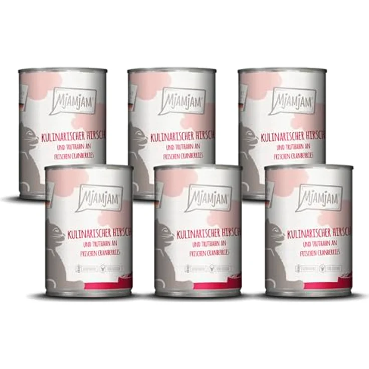 MjAMjAM Premium Nassfutter für Katzen - kulinarischer Hirsch und Truthahn mit frischen Cranberries, getreidefrei, 6er Pack (6 x 400 g) mit extra viel Fleisch – Bild 1