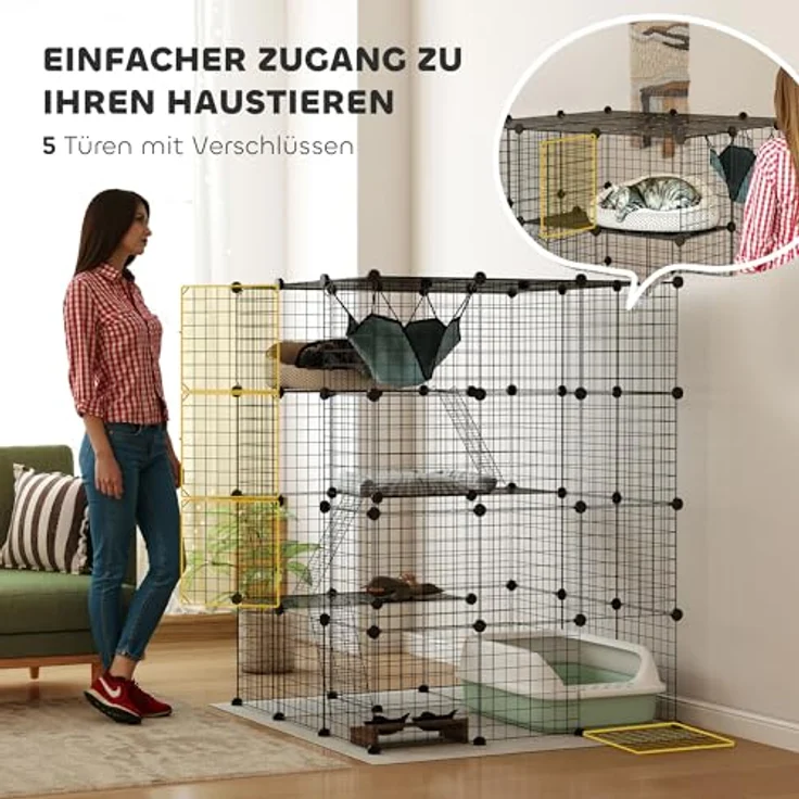 PawHut 4-stöckiger Katzenkäfig für 1-3 Katzen, 105 x 105 x 140 cm, schwarz, anpassbares Layout mit 5 Türen, Kletter- und Sprungplattformen – Bild 5