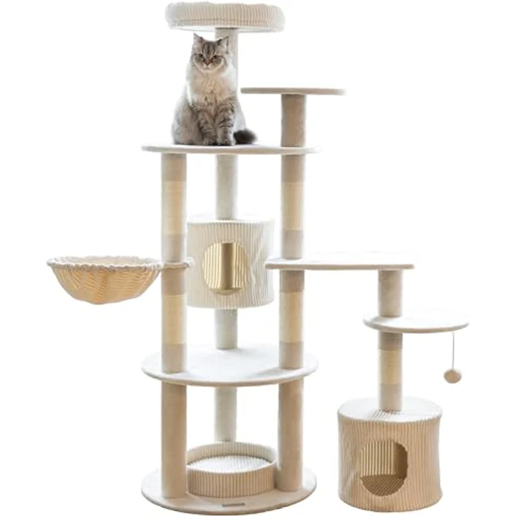KERBL Kratzbaum Annika, 164 cm hoch, beige, mit Sisal umwickelt, inkl. gepolsterten Liegebetten und Höhlen für Katzen – Bild 2