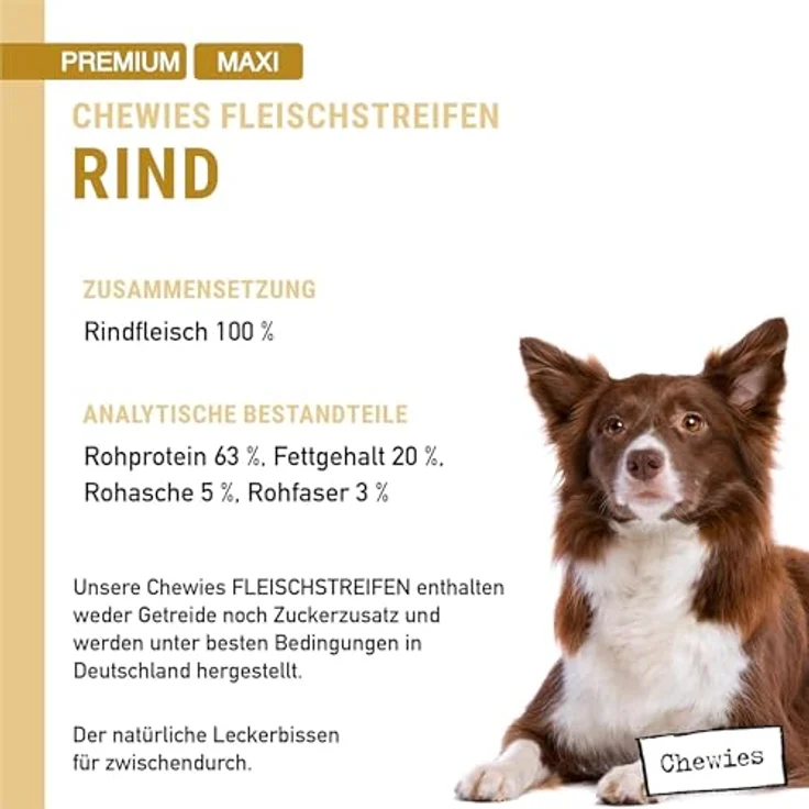 Chewies Fleischstreifen Maxi, Hundeleckerli aus 100% Rindfleisch, 4 x 150 g, luftgetrocknete Rinder Kaustreifen, zuckerfrei & getreidefrei, für empfindliche Hunde, Made in Germany – Bild 4