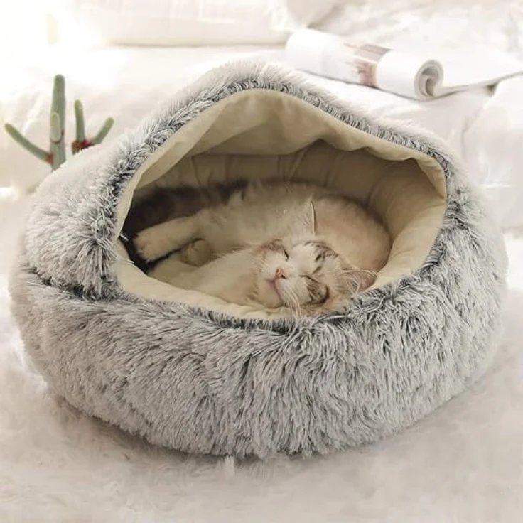 Fashionapple Flauschiges Katzenbett, runde Plüsch-Höhle mit Kapuze, 60 cm, rutschfest, maschinenwaschbar, für Katzen und Welpen – Grau – Bild 2