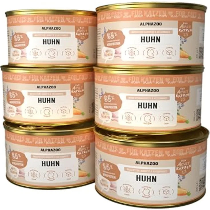 alphazoo Katzenfutter Monoprotein Huhn 6x200g – Getreidefrei & proteinreich mit Karotte, Lachsöl & Katzenminze – Für glänzendes Fell & gesunde Verdauung – Made in Germany