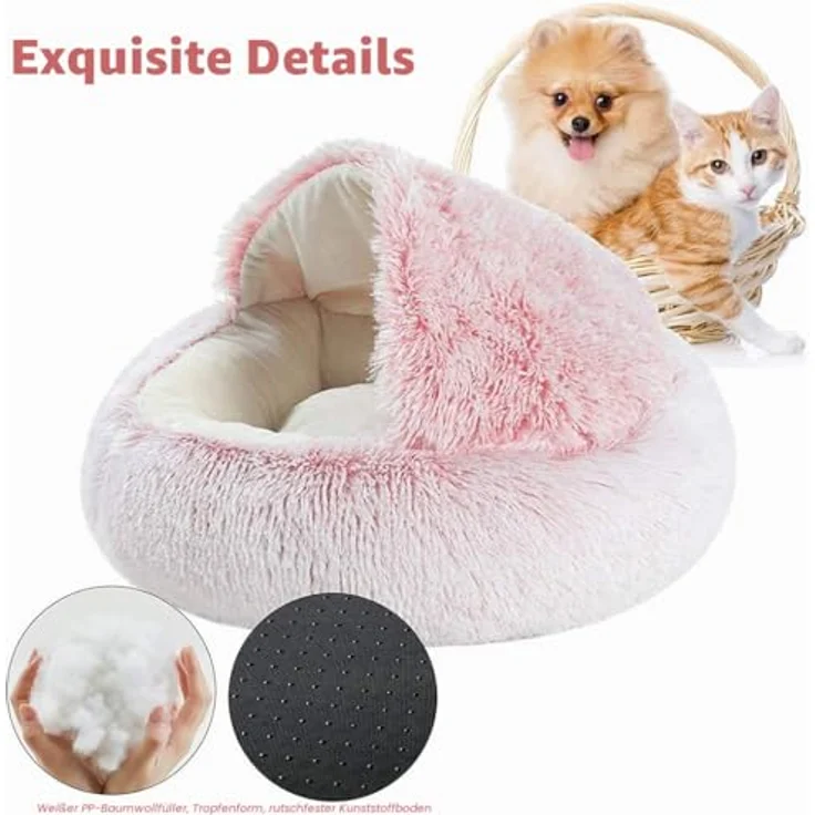 Fashionapple Flauschiges Katzenbett, runde Plüsch-Höhle mit Kapuze, 60 cm, rutschfest, maschinenwaschbar, für Katzen und Welpen – Grau – Bild 3