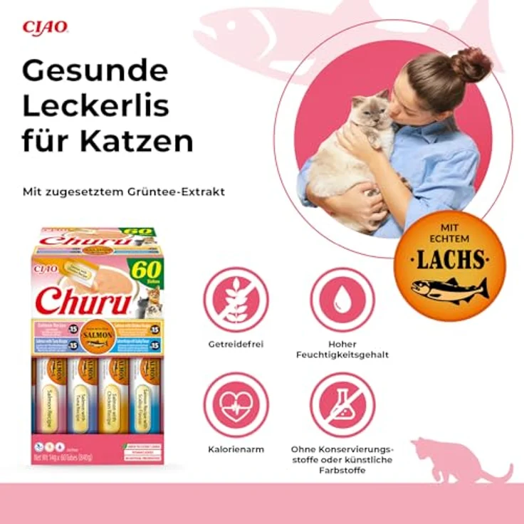 INABA Churu Salmon, Katzensnacks zum Füttern aus der Hand, Variety Pack mit Lachs, Thunfisch, Huhn und Jakobsmuschel, 60 x 14 g, Hochwertige Zutaten, Hoher Feuchtigkeitsgehalt – Bild 4