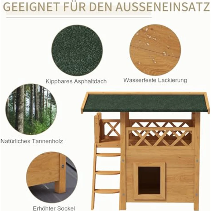 PawHut Katzenhaus mit Asphaltdach, 2-stöckig, Katzenhütte mit Balkon und Treppe aus massivem Fichtenholz, Natur, 77 x 50 x 73 cm – Bild 4