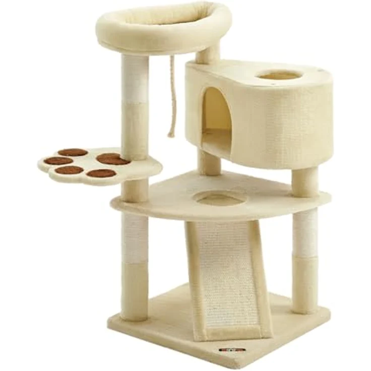 Feandrea PCT40M, mehrstöckiger Katzenkratzbaum mit Plattform, Höhle, Kratzrampe und 4 Kratzsäulen, für Katzen bis 7 kg, 49 x 49 x 95 cm, beige, einfache Montage – Bild 1