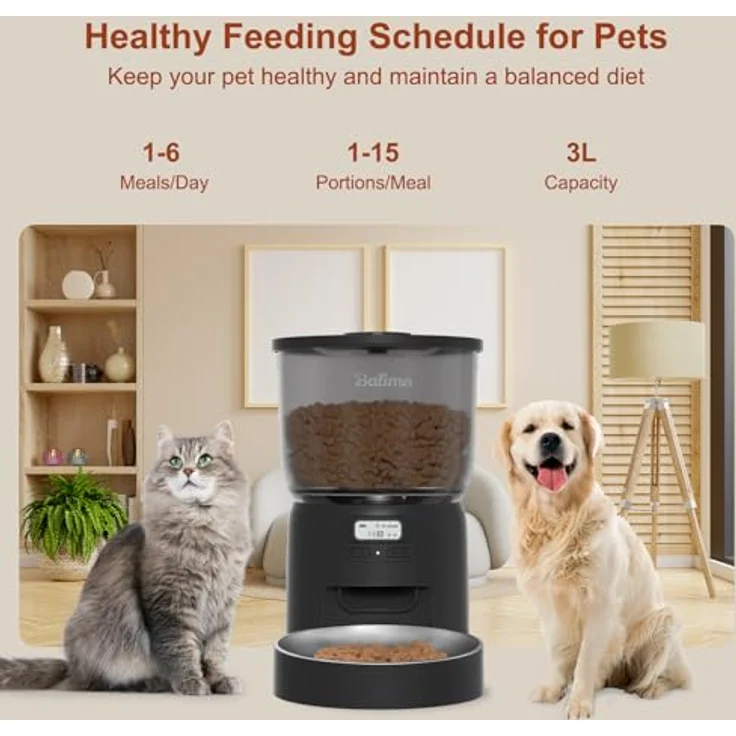 Balimo Futterautomat Katze 3L, automatischer Futterspender mit programmierbarem Timer, Edelstahl-Schüssel, Schwarz, für 1–6 Mahlzeiten pro Tag – Bild 2