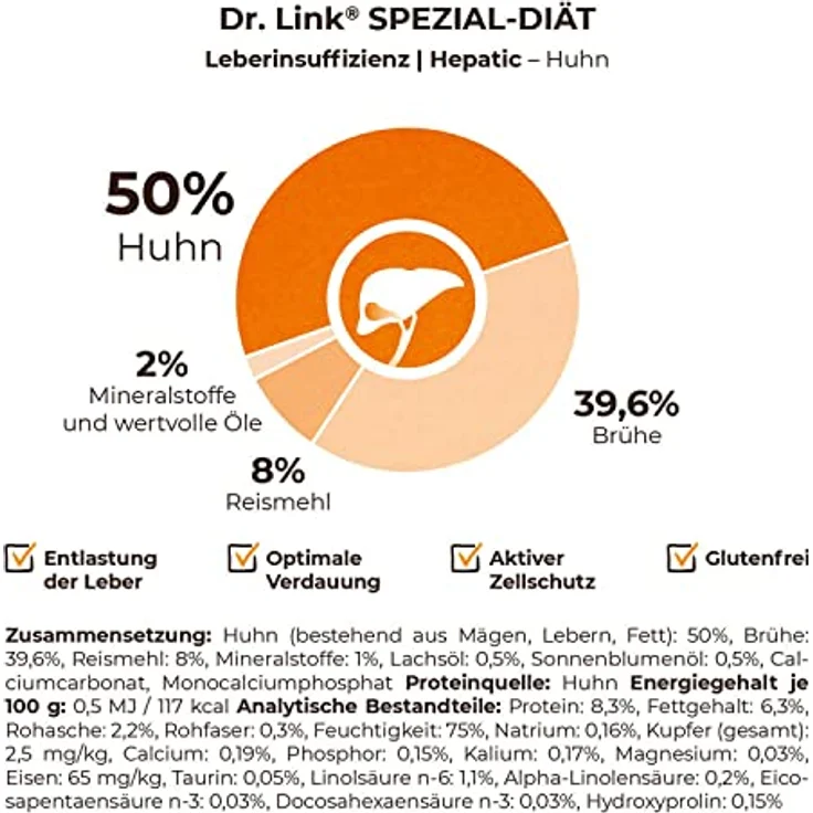 Dr. Link Spezial-Diät Hundefutter für die Leber, Proteinquelle Huhn, Unterstützung der Leberfunktion, 10x125g Schalen – Bild 5