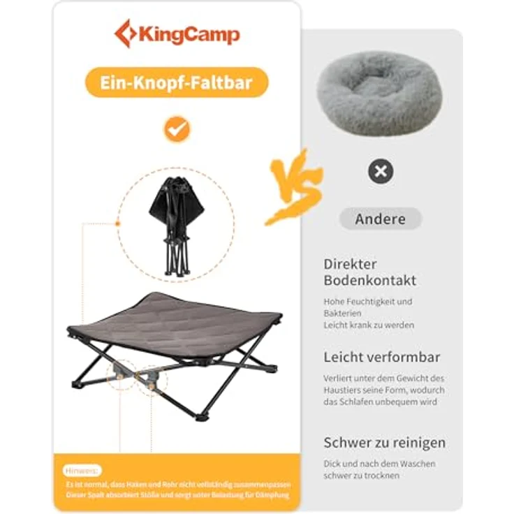 KingCamp Erhöhtes Hundebett, Klappbare Hundeliege mit Atmungsaktivem Mesh & Wildledermatte, Rutschfeste Füße, Schwarz 77 x 77 x 30 cm – Bild 4