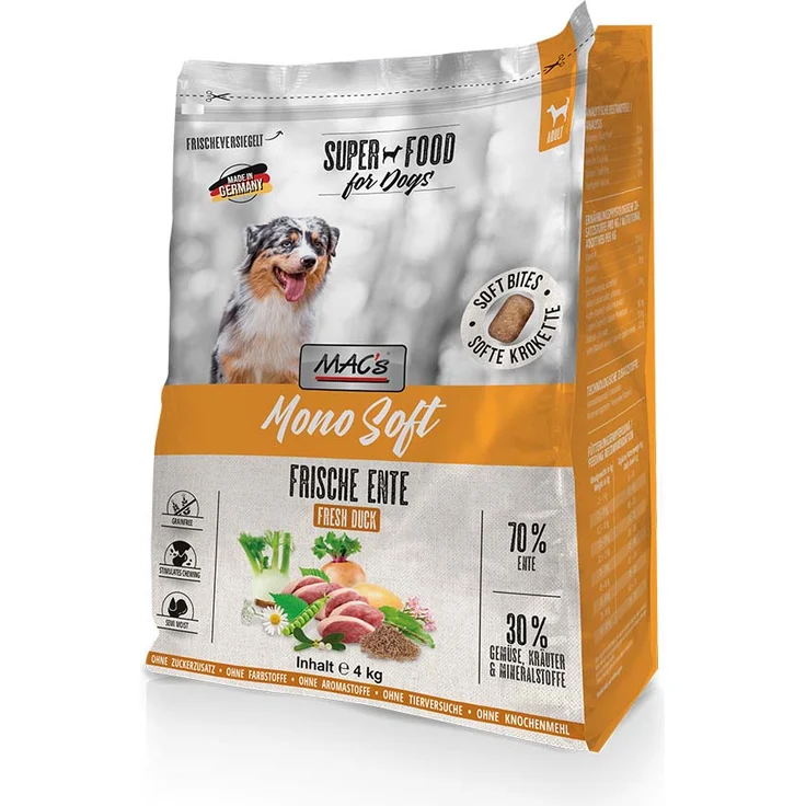 MAC's Dog Mono Soft Frische Ente, getreidefreies Hunde-Trockenfutter für empfindliche Hunde, 4 kg
