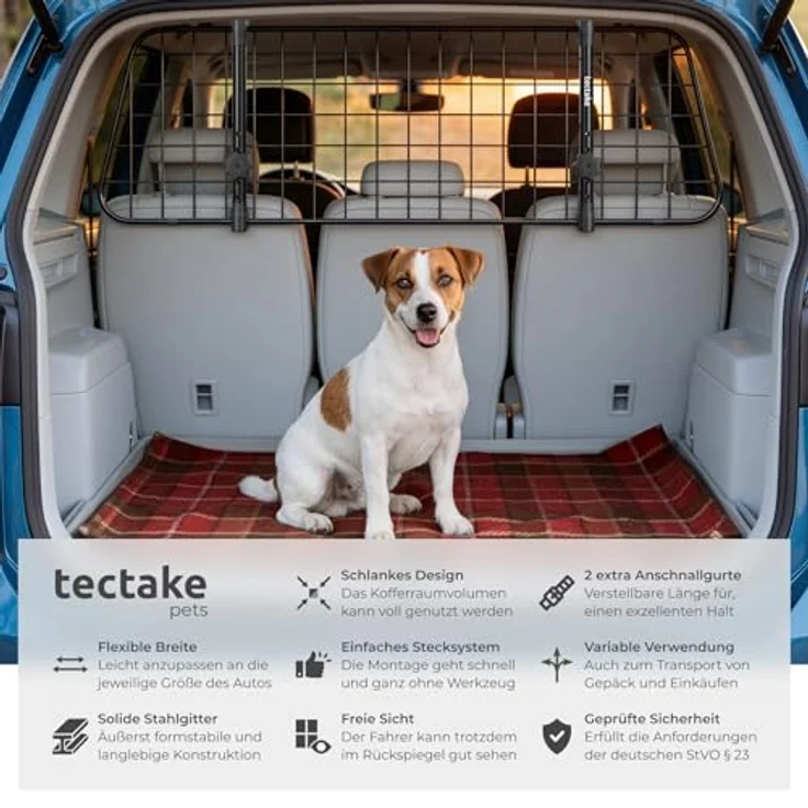 tectake® Hundegitter Auto, universelles Hundeschutzgitter aus solidem Stahl, variabel einstellbar für verschiedene Fahrzeugmodelle, mobiler Kofferraumschutz – Bild 2