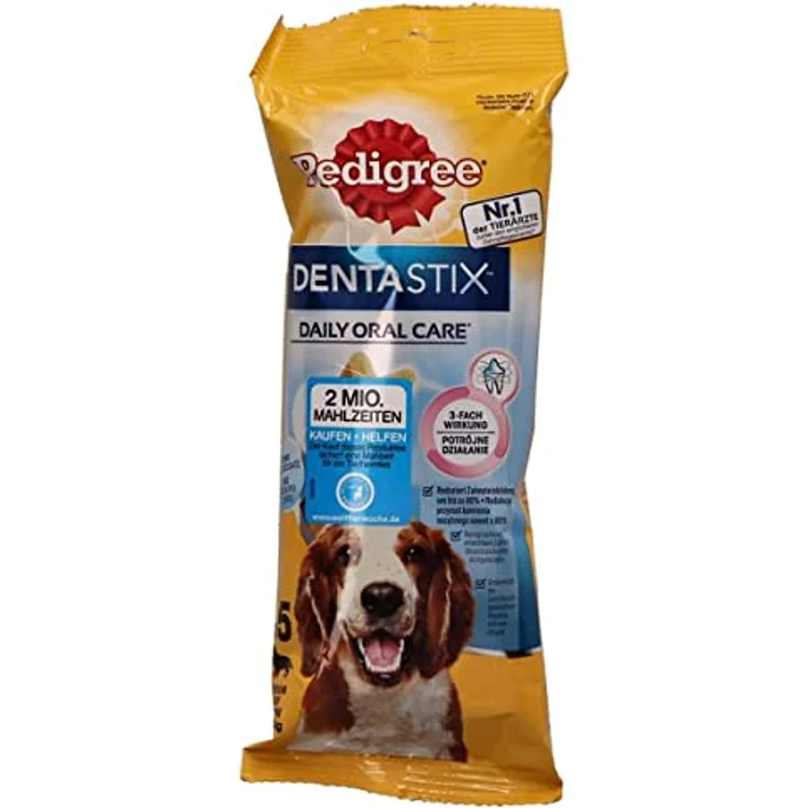 Pedigree Dentastix, Zahnpflege Snack für mittelgroße Hunde (10-25 kg), 5 Stück (128 g), X-Form zur Zahnreinigung, kalorienarm