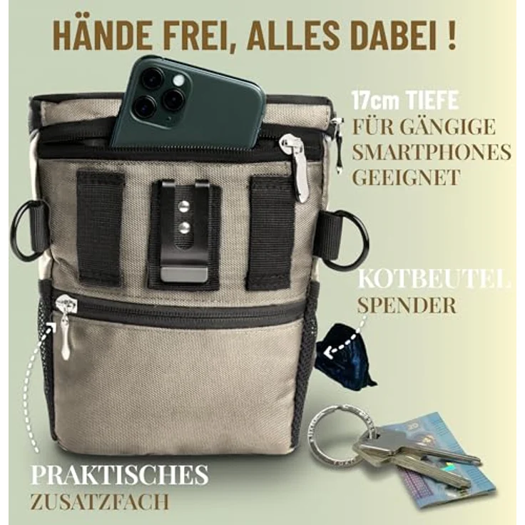 GIZZY® DAS ORIGINAL | Leckerlitasche für Hunde mit praktischer Einhand-Öffnung und Regenhaube | Hochwertiger, wasserabweisender Futterbeutel für Training & Welpenerziehung | Beige – Bild 4