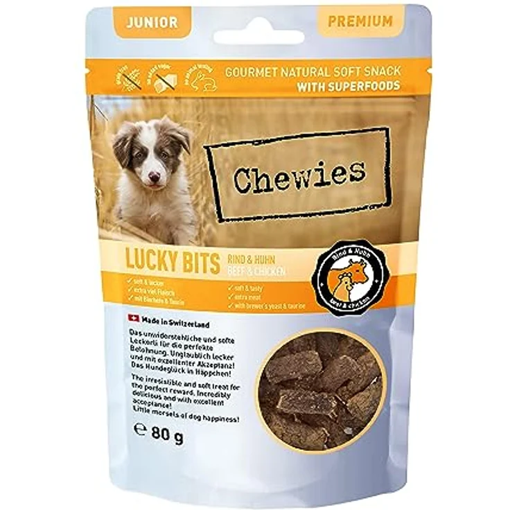 Chewies Lucky Bits Rind & Huhn Junior, getreidefreies Hundeleckerli für Welpen mit viel Protein und Superfoods, Soft & ohne Zucker, 80 g – Bild 1