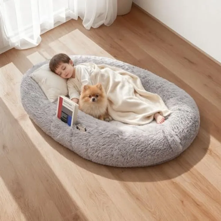 VEVOR Hundebett für Menschen & Hunde, 132x86x24 cm, Memory-Schaum mit abnehmbarem, waschbarem Bezug, grau, mit Seitentasche und rutschfester Unterseite