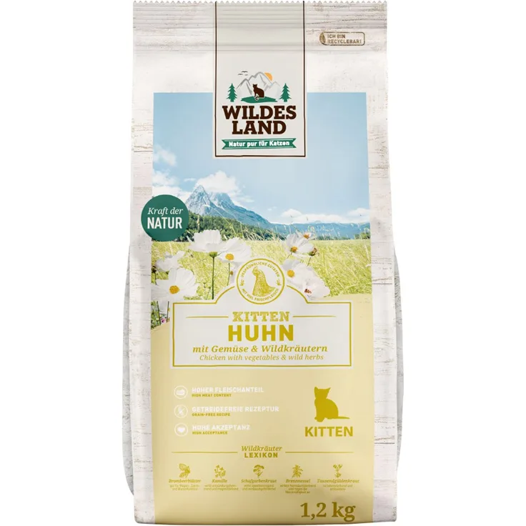 WILDES LAND Kitten Huhn, Getreidefreies Katzen-Trockenfutter, 1,2 kg für gesundes Wachstum