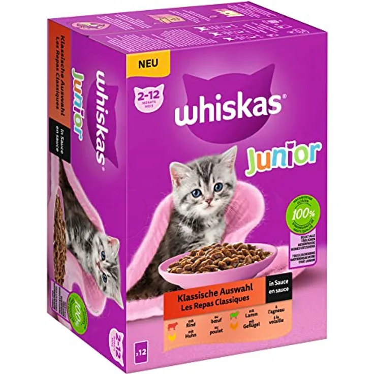 Whiskas Junior Katzenfutter Klassische Auswahl in Sauce, 12x85g – Hochwertiges Nassfutter für Kätzchen von 2 bis 12 Monaten mit vitaminreicher Rezeptur und hochwertigem Protein