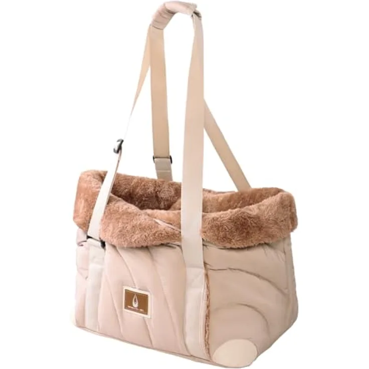 Nobby Tasche Shetland, Hunde-Transportbox mit Plüschfutter, beige, 44 x 32 x 42 cm, für Tiere bis 8 kg, mit Karabiner und herausnehmbarem Boden