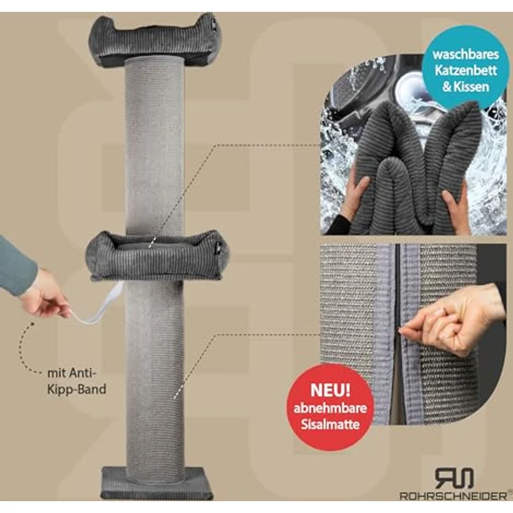 Rohrschneider Kratzbaum XXL Frieda – Kratztonne mit tauschbaren Kratzmatten, extra breiter Säule und waschbarem Cord-Bezug (dunkelgrau) – Bild 2