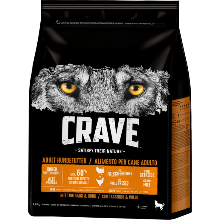 Crave Trockenfutter mit Truthahn & Huhn für ausgewachsene Hunde, 2,8 kg, ohne Getreide, hohe Akzeptanz, wiederverschließbarer Beutel