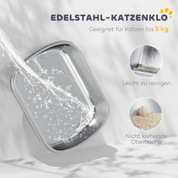 PawHut Edelstahl Katzenklo mit Deckel, XL Katzentoilette 52,4 x 41,3 x 39,8 cm für Katzen bis 5 kg, geruchsabweisend, weiß, inkl. Schaufel und Geruchsneutralisiererbeutel – Bild 3