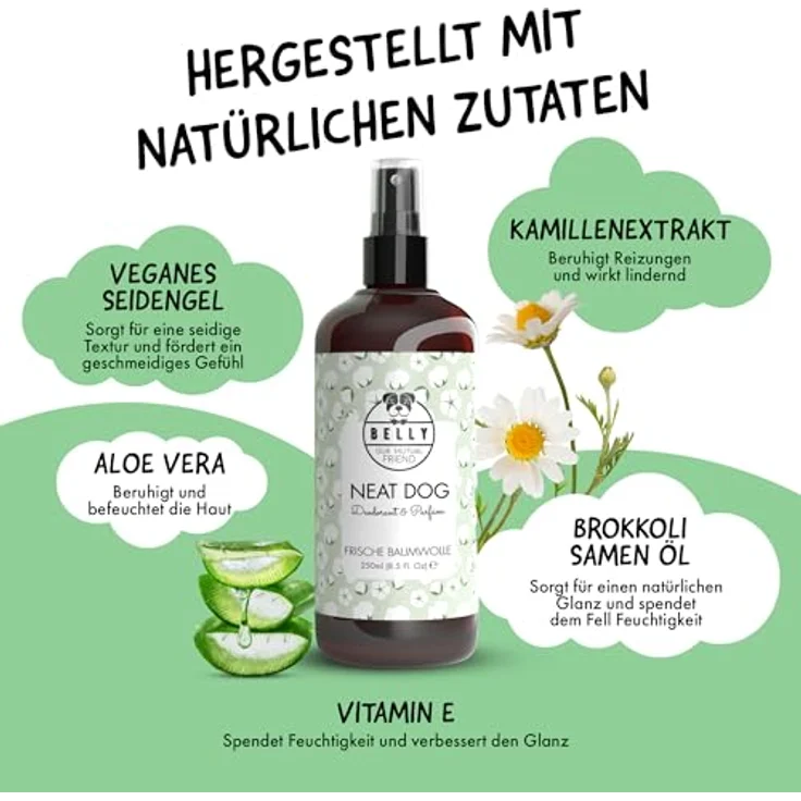 BELLY® Deodorant für Hunde, 250ml, frisches Baumwollaroma, neutralisiert Gerüche, pH neutral, vegan und tierversuchsfrei – Bild 5