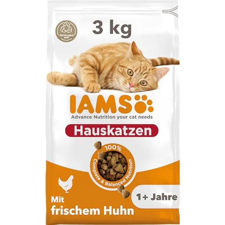 IAMS Indoor Katzenfutter trocken mit Huhn, 3 kg, für Hauskatzen ab 1 Jahr, fettreduziert, weizenfrei, mit Omega-3- und Omega-6-Fettsäuren – Bild 1