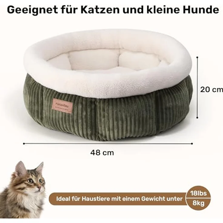 FUKUMARU Katzenbett waschbar, 48x48x20cm Katzenkorb mit erhöhtem Rand, weiches Plüsch mit Rippenmuster, grün – Bild 5