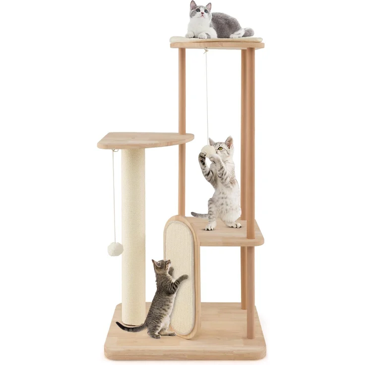 GOPLUS 112cm Kratzbaum, Katzenbaum aus Holz mit Sisal-Kratzbrett, gepolstertem Ruheplatz, 2 Plattformen und 2 Hängespielzeugen, Beige
