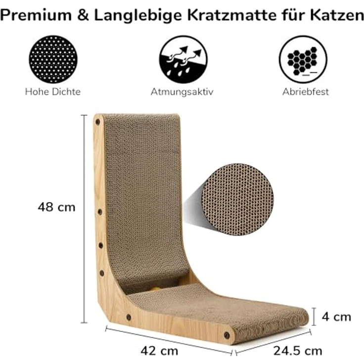 FUKUMARU Kratzbrett Katzen, 47 cm hohe L förmige Kratzpappe, widerstandsfähig Katzenkratzbrett mit Ballspielzeug, Kratzmöbel aus hochwertiger Karton für Wand und Ecke, Mittlere Größe – Bild 4