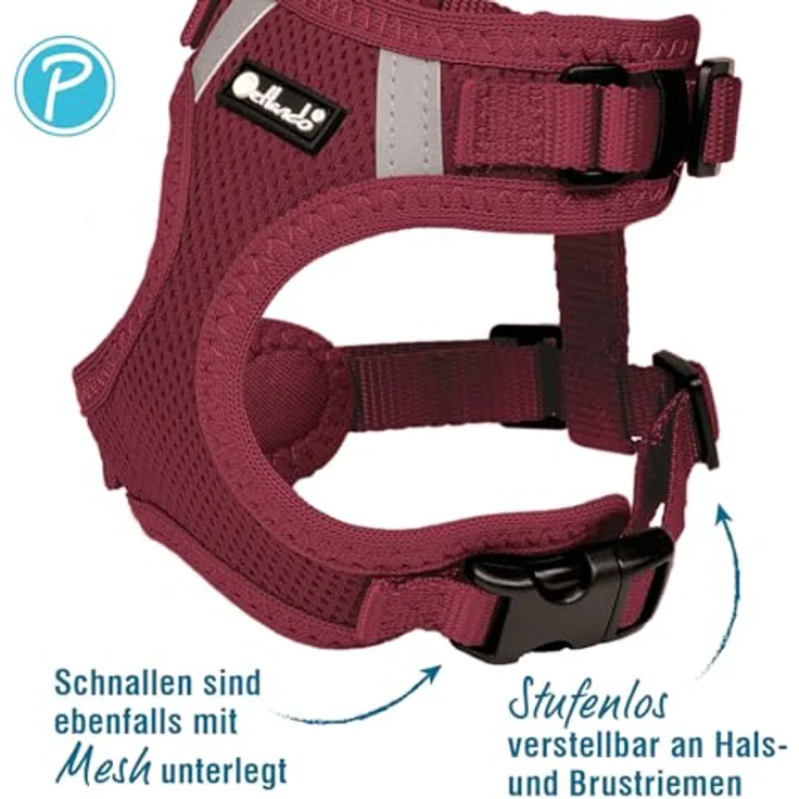 Petlando Hundegeschirr Mesh Vest M, leichtes Brustgeschirr aus atmungsaktivem Mesh & Nylon, stufenlos verstellbar, reflektierend, Bordeaux – Bild 2