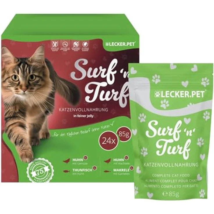 Lyra Pet Lecker.Pet® Surf'n'Turf Pouches Katzenfutter, 24 x 85 g Multipack, getreidefrei & glutenfrei, reich an Proteinen, Nassfutter in feiner Jelly für erwachsene Katzen – Bild 1
