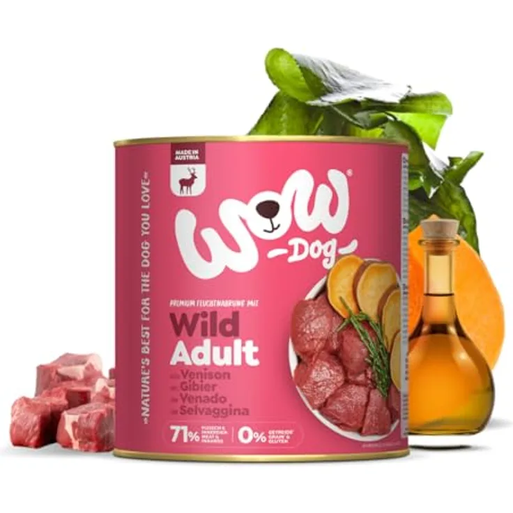 WOW Adult 6 x 800 g - Wild, Hochwertiges Hundefutter mit Rind, Lachs, Pute, Wild und Lamm, ohne Getreide, reich an Proteinen und Vitalstoffen