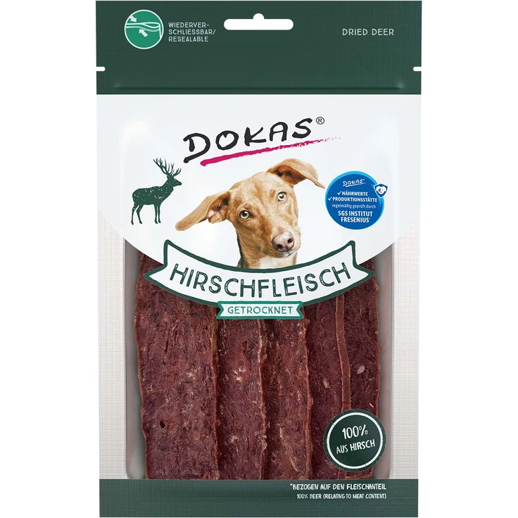 Dokas Hirschfleisch getrocknet, Hundesnack aus luftgetrockneten Streifen, 60g – Bild 1