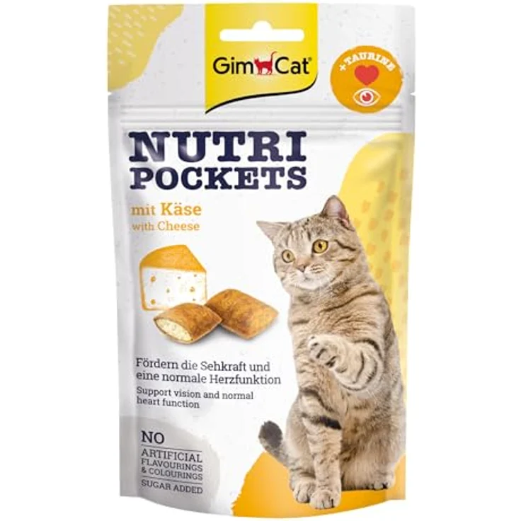 GimCat Nutri Pockets Käse, Knuspriger Katzensnack mit cremiger Füllung und Taurin, 60 g Beutel – Bild 1