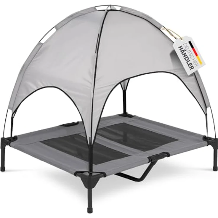 Deuline Hundeliege mit Dach, erhöhtes Hundebett für Garten und Outdoor, L-91x76x18/90cm, grau, atmungsaktiv und tragbar – Bild 1