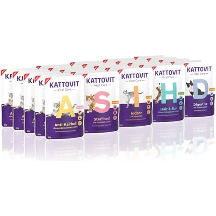 KATTOVIT Vital Care Wellnessbox, Katzen-Nassfutter im Frischebeutel mit Gesundheitsplus, Alleinfuttermittel für ausgewachsene Katzen, 25 x 85 g