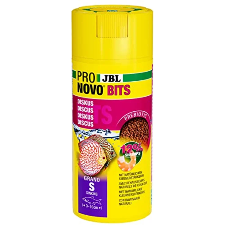 JBL PRONOVO BITS GRANO, Hauptfutter-Granulat für Diskus und Buntbarsche von 3-10 cm, Größe S, 250 ml, lichtdichte Dose mit Klickdosierer – Bild 1