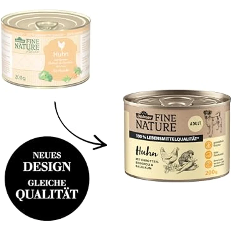 Dehner Fine Nature Hundefutter, Nassfutter in Lebensmittelqualität, für ausgewachsene Hunde, Huhn mit Karotten und Brokkoli, 6 x 200 g Dose (1.2 kg) – Bild 4