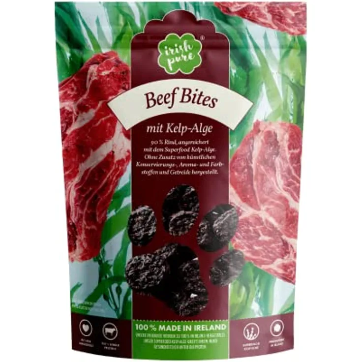 Irish Pure Beef Bites mit Kelp-Alge, 150 g Rinderhäppchen, 90% Fleisch, getreidefrei, 100% natürlicher Snack, gesunder Kausnack für Hunde