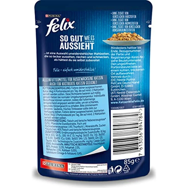 Felix Katzennassfutter So gut wie es aussieht in Gelee mit Thunfisch, 100% komplett und ausgewogen, 24x 85 g Portionsbeutel, ohne künstliche Farbstoffe und Aromen – Bild 2