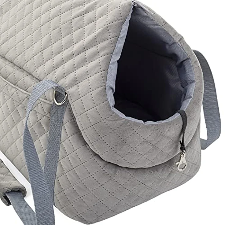 BOUTIQUE ZOO Transporttasche für Hunde und Katzen, Schultertasche mit Gummiband und Karabiner, bis 5 kg, Wildlederimitat - Velvet, Größe S, Grau – Bild 4