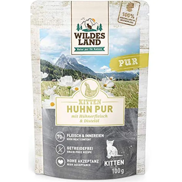 Wildes Land Kitten Huhn PUR, Nassfutter für Katzen, 48 x 100 g, getreidefrei, 70% Fleisch, hypoallergen