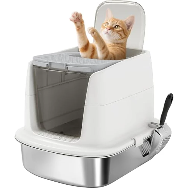 PawHut Edelstahl Katzenklo mit Deckel, XL Katzentoilette 52,4 x 41,3 x 39,8 cm für Katzen bis 5 kg, geruchsabweisend, weiß, inkl. Schaufel und Geruchsneutralisiererbeutel – Bild 1