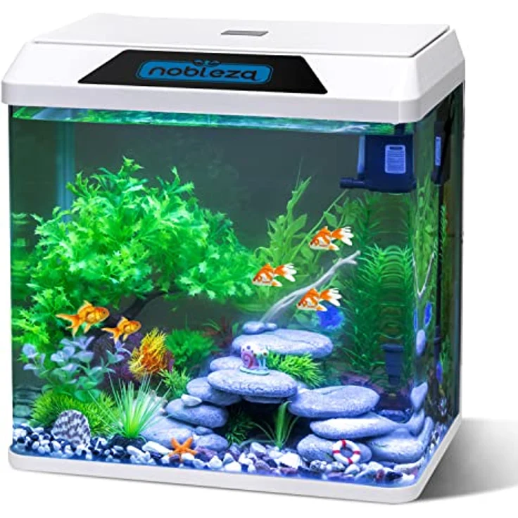 Nobleza Glas 30L Mini Aquarium Komplettset, Nano Aquarium mit LED-Beleuchtung und eingebautem Filtersystem, Weiß – Bild 1