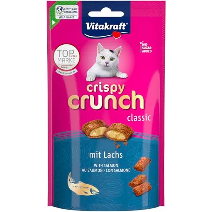 Vitakraft Crispy Crunch Classic, Katzen Leckerli mit Lachs, knuspriger Katzensnack im wiederverschließbaren Beutel, ohne Zuckerzusatz (60g)