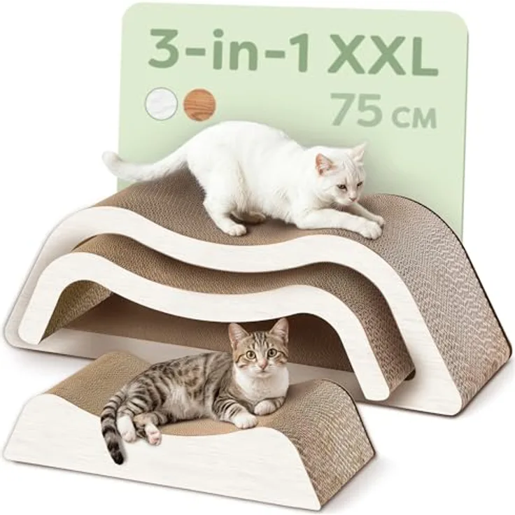 Knupis Kratzmöbel Kratzbrett 3-teilig XXL 75cm, besonders kratzfeste Kratzpappe für Katzen, bis zu 2 Jahre Kratzspaß, platzsparend, Farbe Cloud (Weiß)