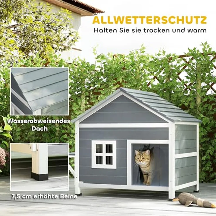 PawHut 2-Etagen Katzenhaus aus Holz, Outdoor Katzenhöhle mit wasserdicht aufklappbarem Dach, erhöhter Basis und seitlicher Plattform, für 1-2 Katzen bis 5 kg, Grau, 101x72,5x81 cm – Bild 3